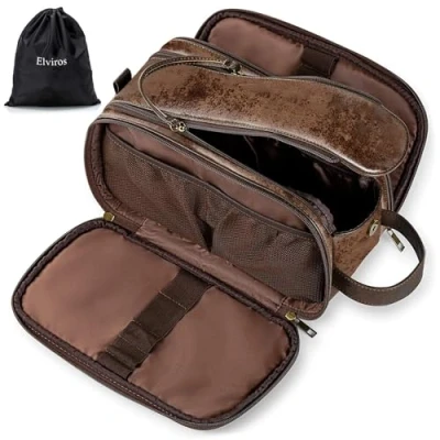 Imagen de Elviros Neceser de Viaje para Hombre, Bolsa Aseo Grande Impermeable PU, Maquillaje Organizador Mujer, Portáti Gran Capacidad Dopp Kit, Chocolate, 30,5 x 17 18 cm