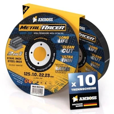 Imagen de 10 discos de corte Metal 125 x 1 22,23 mm diámetro. El disco Racer by AMBOSS WERKZEUGE es adecuado para acero y inoxidable, acero/acero