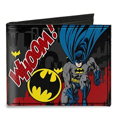 Imagen de Buckle Down Billetera Plegable de Lona para Hombre, diseño Batman Action Poses Whoom! Gris/Negro/Rojo, Multicolor, 4.0 x 3.5 US