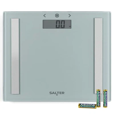Imagen de Salter 9113 SV3R Báscula analizadora de vidrio, máx. 150 kg, memoria para 8 usuarios, almacenamiento compacto, modo atleta, mide IMC, peso, grasa y agua corporal, patas especiales, plata