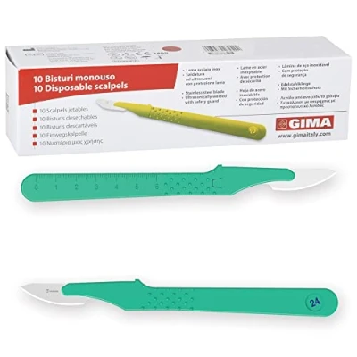 Imagen de GIMA Bisturí desechable estéril, con tapa de seguridad, n. 24, paquete 10, 27048