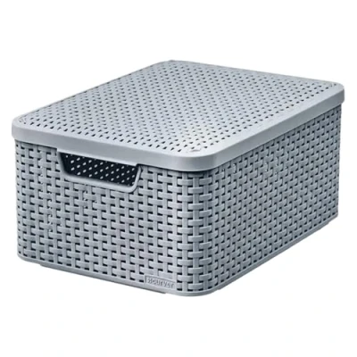 Imagen de Curver Caja de almacenamiento con tapa estilo ratán, 18 L, plástico, material reciclado en al menos el 70% (gris claro, M: 38,6 x 28,7 17 cm)