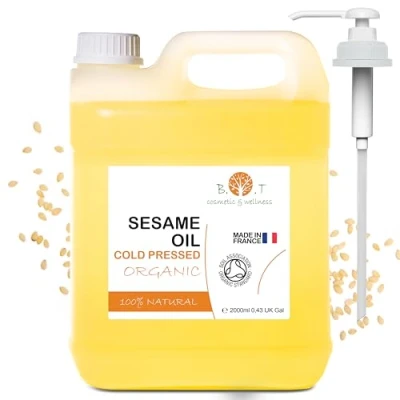 Imagen de Aceite de Sésamo BIO, 100% Puro, Presion en Frio Semillas Sesamo con Certificado Ecologico, Uso Cosmetica Natural &amp; Masaje Ayurveda, 2000 ml