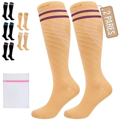 Imagen de 360 Relief Medias de Compresión Clase 1 Mujer y Hombre 15 20mmHg Calcetines Compresion para Circulacion, Avion, Viaje, Enfermera, Running, Deportes Compresivas L/XL Beis con Bolsa Malla