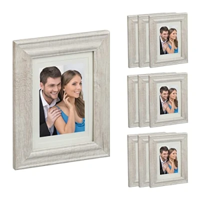 Imagen de Relaxdays Pack 10 Marcos Fotos, 13x18 cm, Horizontal o Vertical, Colgante Sobremesa, Look Madera, Paspartús, Natural, 23.5 x 18.5 1.5 cm