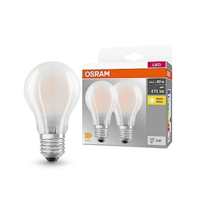 Imagen de OSRAM Lámpara LED base CLASSIC A GLFR 40 con casquillo E27, forma bombilla clásica, paquete doble, 4W, 470lm, 2700K, luz blanca cálida, baja emisión de calor, larga vida, optimo consumo energía