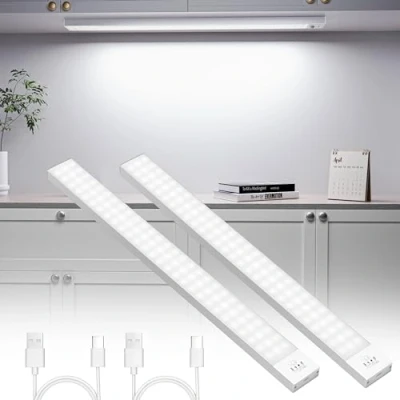 Imagen de OUILA Luz LED Armario con Sensor de Movimiento, 2500mAh USB Recargable Adhesiva 84 LEDs 4 Modos 43CM Nocturna Magnética Luces para Armario, Gabinete, Pasillo, Escaleras, Cocina, 2 Piezas