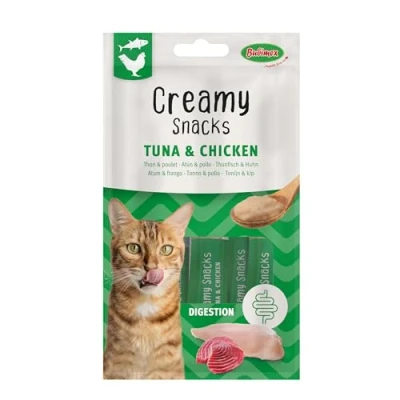 Imagen de Bubimex Creamy Snacks Atún y Pollo Dulces Cremas para Lamiendo Gatos Textura Lisa, cremosa apetitosa Estimula el apetito favorece la hidratación 4 x 15 g
