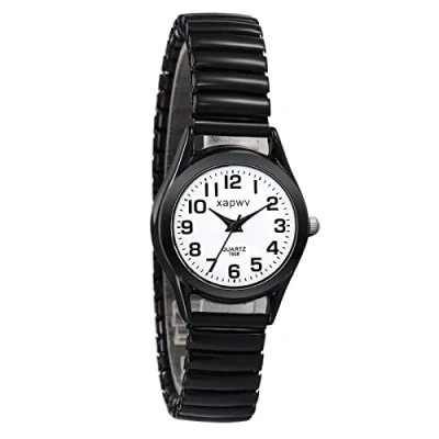 Imagen de JewelryWe Relojes Analógicos Correa Elástica: Reloj Negro Redondo para Mujer Esferas Escala Números Grandes Fáciles de Leer Extensible Acero Inoxidable Deporte Ocio Regalos