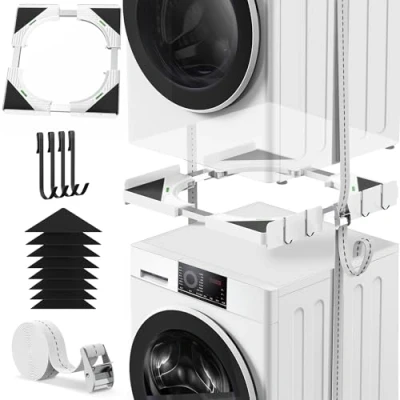 Imagen de Juego de apilamiento universal ultrafino para lavadora y secadora, ajuste profundidad 45 68 cm, cuerda trinquete negra + 8 almohadillas antideslizantes, seguridad certificada por TÜV
