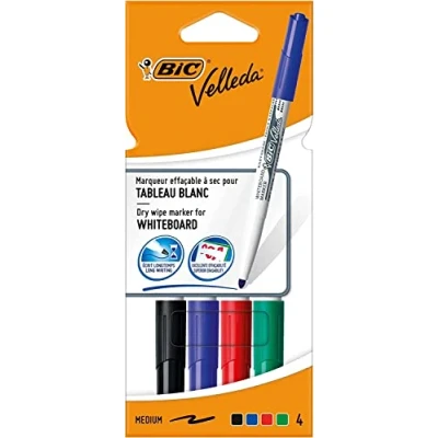Imagen de BIC Velleda 1741 Rotuladores de pizarra blanca, punta media (4.5mm), caja 4 unidades, colores surtidos