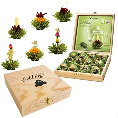 Imagen de Creano Juego de Regalo Flores Té en una Caja Madera, &quot;Té verde&quot; 12 con 6 Tipos diferentes neto ca. 78g