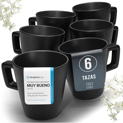 Imagen de Conjunto de tazas Café 6 Piezas Manhattan Steingut Premium, Aptas para Lavavajillas y Microondas cafe Negras Mate Elegantes Té originales