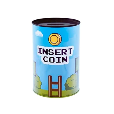 Imagen de FISURA Hucha Original “Insert Coin. Lata para Regalo Gamer. de Acero Gracioso. Azul y Verde. Medidas: 10 x 15 centímetros.