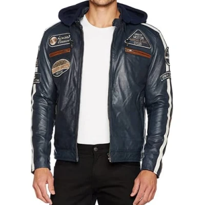 Imagen de Chaqueta Moto Hombre en Cuero 58 Gents Cazadora de Piel Cordero Armadura Removible para Espalda, Hombros y Codos Aprobada por la CE Navy Azul 5XL