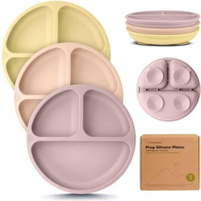 Imagen de Plato de bebé, niño pequeño Set 3 Platos bebé 100% silicona con ventosa, infantil dividido compartimentos, silicona, sin BPA, aptos para microondas (Dusk)