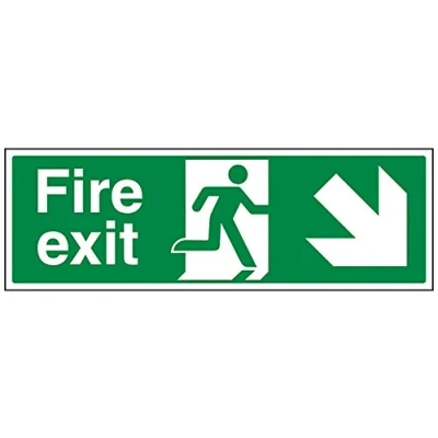 Imagen de Cartel de salida incendios con flecha hacia abajo a la derecha VSafety, texto Fire Exit, plástico rígido 1 mm, apaisado, 450 mm x 150 verde
