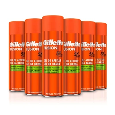 Imagen de Gillette Fusion Gel de Afeitar Hombre para Pieles Sensibles Acción x 5, Pack 6 200 ml, con Aceite Almendras, Limpia, Hidrata y Protege