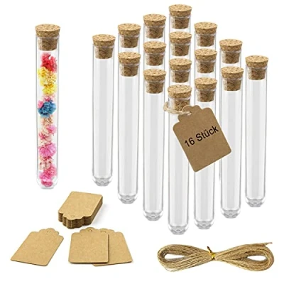 Imagen de 16 unidades de 20 ml pequeñas botellas corcho para especias, arena, tubo ensayo con corcho, plástico transparente, decoración boda, tarros especias