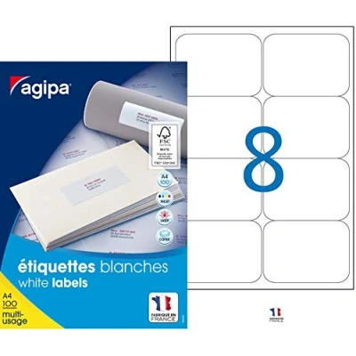 Imagen de Agipa Labels for Inkjet/Laser Printers and Photocopiers 99.1 x 67.7 mm Box of 800 White
