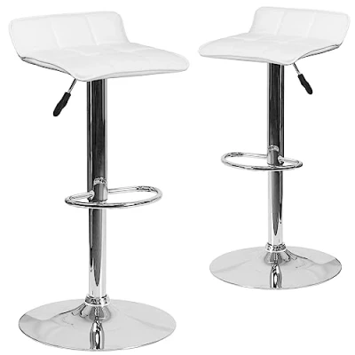 Imagen de Flash Furniture Taburete de Bar contemporáneo Vinilo Altura Ajustable con Asiento Ondulado Acolchado y Base cromada, 2 Unidades, Metal, Espuma, plástico, Cromo, White