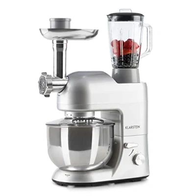 Imagen de Klarstein Batidora Amasadora con Bol 5L para Hornear, Robot Cocina, Reposteria 1800W, Picadora Carne, Gancho y Mezclar Varillas Rotación Planetaria 6 Velocidades