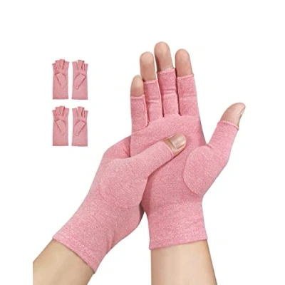 Imagen de Donfri 2 pares de guantes compresión para artritis, sin dedos, aliviar el dolor, juegos y dar calor, aptos mujeres hombres (Rosa, Large)