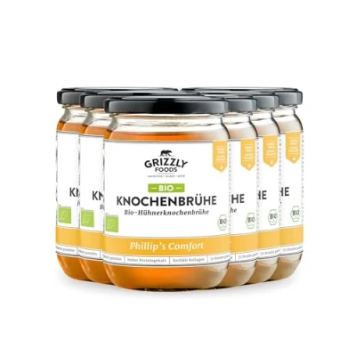 Imagen de Grizzly Foods Caldo de huesos pollo orgánico (6 x 500 ml) 20 g colágeno por vaso Cocido durante 72 horas 100% natural sin azúcar, aditivos nutrientes valiosos