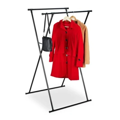 Imagen de Relaxdays Perchero Burro Telescópico y Plegable, 139x135x95 cm, 2 Barras para Ropa, Pasillo, Colgador, Metálico, Negro