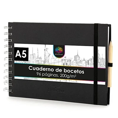 Imagen de OfficeTree Cuaderno de dibujo A5 con anillas Horizontal 96 páginas, 48 hojas Bloc 200 g para acuarela lápiz