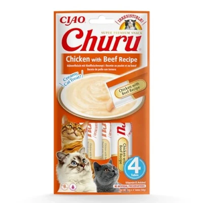 Imagen de INABA Churu Premios para Gatos Snacks Saludables Pollo con Ternera Textura Cremosa Sin Cereales, Conservantes, Colorantes Sólo 6 Cal 4x14g (56g)