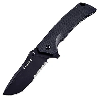 Imagen de HARNDS Coltello Pieghevole Portatile con Manico G10, a Serramanico Multiuso in Acciaio Inossidabile D2 per Caccia, Campeggio, Sopravvivenza (CK7205 Negro Titanio)