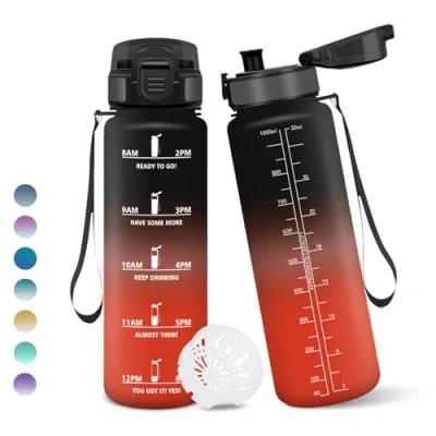 Imagen de Botella Agua, 1 litro Libre de BPA, Agua Gimnasio, Con Marca Tiempo, Botellas Diseño Cerradura a Prueba Fugas, para Niños Deportes Negro&amp;Rojo