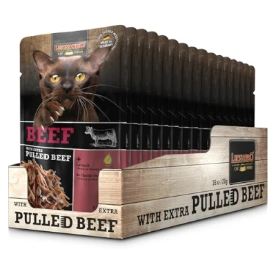 Imagen de Leonardo Bolsas [16x70g Ternera con Extra de desmenuzada] Pulled Beef Alimento húmedo sin Cereales para Gatos Completo