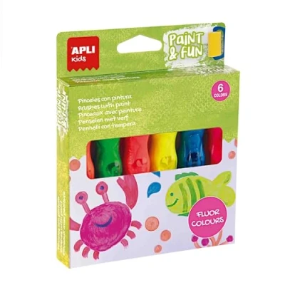Imagen de APLI Kids 19418 Temperas en tubo con pincel, pintura infantil de colores flúor, 6 pinceles 14ml, juego lavable para niños