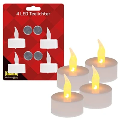 Imagen de Idena 408998 velas de té LED, 4 piezas, eléctricas con luz parpadeante, pilas incluidas, decoración para bodas, fiestas, Navidad, Pascua, como ambiente
