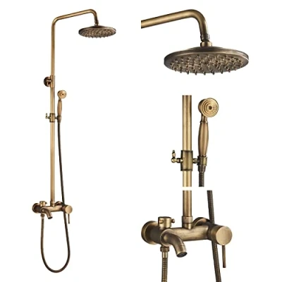 Imagen de Rozin sistema de ducha lluvia retro con alcachofa mano, latón antiguo, ducha, altura ajustable, 90 135 cm