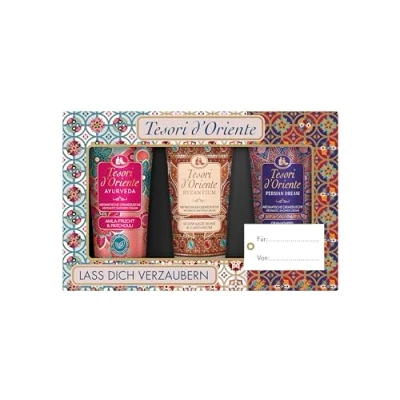 Imagen de TESORI D&#039;ORIENTE Set de regalo crema ducha, 3 x 75 ml (Ayurveda, Persian Dream y Bizantium) cremas ducha para cuidado personal, rituales bienestar cuerpo sentidos