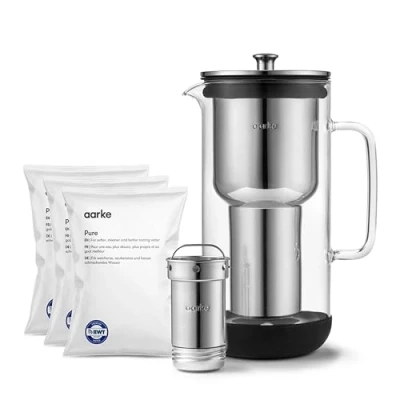 Imagen de Aarke Purifier, Jarra Filtrante de Agua Fabricada en Vidrio y Acero Inoxidable, 2.4L + Paquete 3 Bolsas Filtro Pure