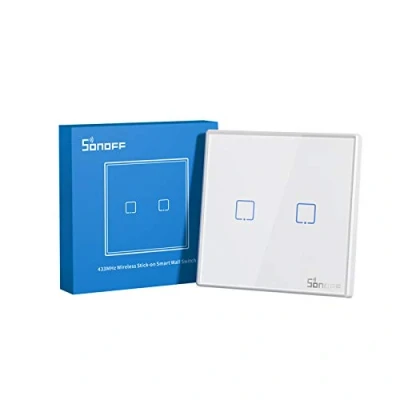 Imagen de SONOFF T2EU2C RF Botão de pressão, painel parede tipo 86, controlo remoto sem fios Sticky 433 MHz, bidirezionale, necessidade fios, é necessária bateria (não incluída), 2 Gang