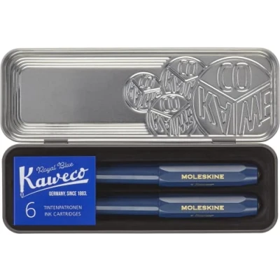 Imagen de Moleskine x Kaweco Pluma Estilográfica de Plástico ABS con Plumilla Dorada Tamaño M y Bolígrafo Recargable para Escribir Tomar Notas, Recarga 1.0mm 6 Cartuchos Tinta Azul incluidos,