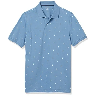 Imagen de Amazon Essentials Polo de Piqué Algodón Ajuste Entallado Hombre, Azul Estampado Palmeras, M