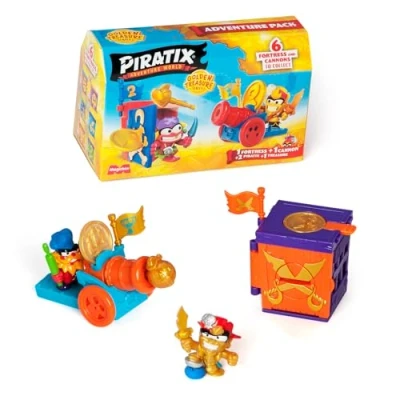 Imagen de PIRATIX, Golden Treasure Adventure Pack Serie. Cada Caja Tiene fortín Sorpresa, 2 Banderas, cañón, proyectil, Piratix Accesorios y Tesoro Exclusivo