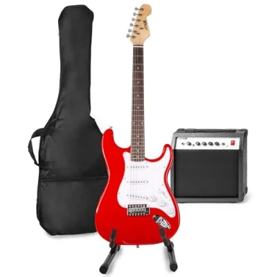 Imagen de MAX GigKit kit de guitarra eléctrica, soporte guitarra, amplificador 40W, afinador funda cable instrumento, correa y mas accesorios Rojo
