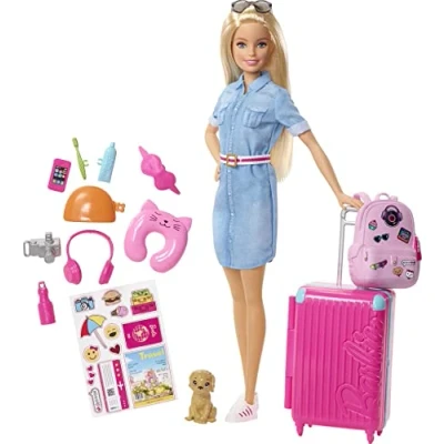 Imagen de Barbie Muñeca Viajera, Conjunto de Viaje con Maleta Rosa y Perro, Más 10 Accesorios, Pegatinas, Regalo para Niños 3 7 Años, FWV25