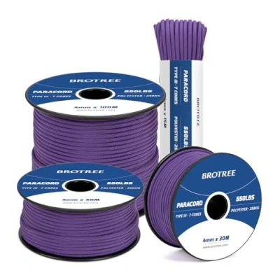Imagen de Brotree 550 Paracord 4mm 30m Cuerda Paracaidas 100% Poliéster Tipo III 7 Hebras para Al Aire Libre, Exterior, Supervivencia Morado