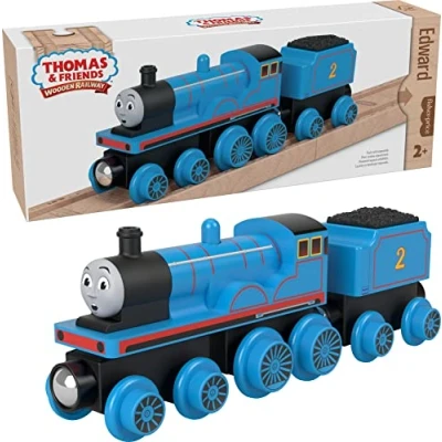 Imagen de Thomas &amp; Friends Fisher Price Motor de ferrocarril madera Edward y coche carbón, tren empuje hecho origen sostenible para niños 2 años en adelante