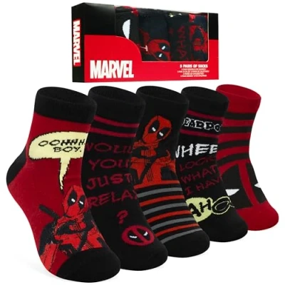 Imagen de Marvel Transpirables Calcetines Tobilleros Hombre, Pack de 5 Regalos Papá (Negro/Rojo Deadpool)