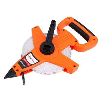 Imagen de Amazon Basics Cinta métrica de fibra vidrio carrete abierto, 30 metros, escalas métricas y en pulgadas, cubierta resistente a los golpes, Naranja