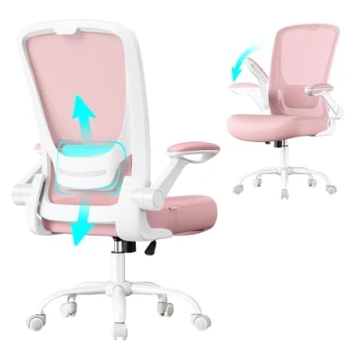 Imagen de SONGMICS Silla de Oficina, Escritorio Malla, Ordenador Ergonómica, Soporte Lumbar, Oscilante, Anchura Asiento 53 cm, Apoyabrazos Abatibles, Rosa Pastel OBN037R01